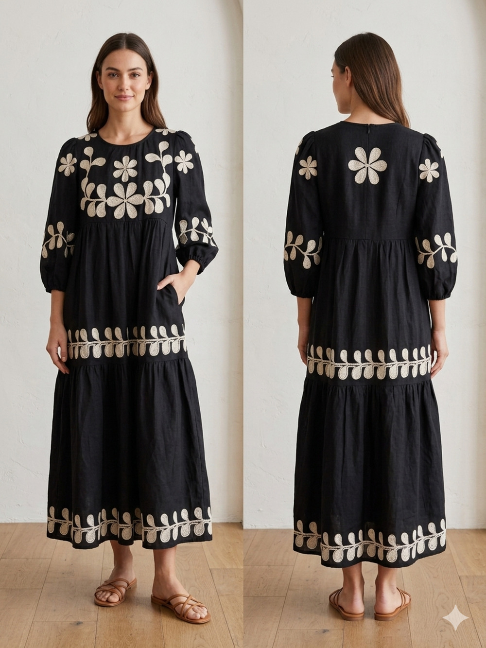 Caroline Constas Embroidered Linen Blend Puff Sleeve Maxi Dress Tiered Black -2